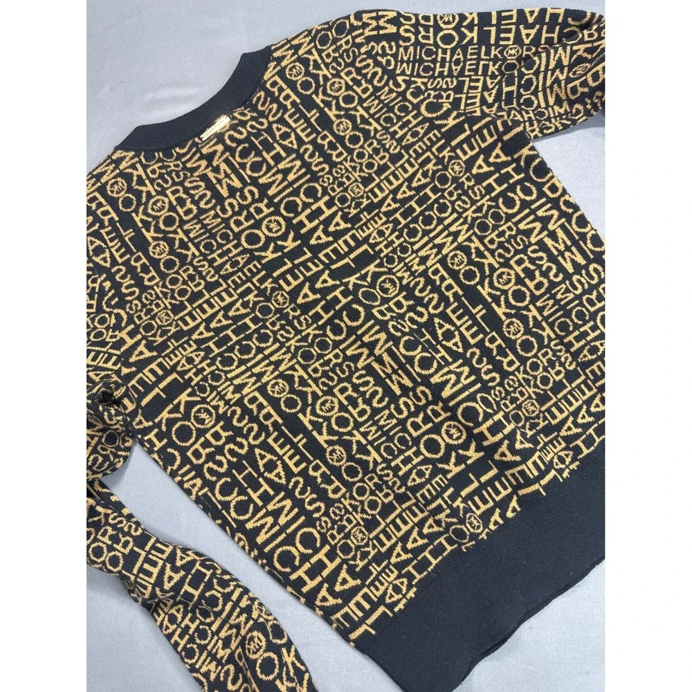 Michael Kors Womens Black Gold Logo Monogram Knit Crewneck Sweater Medium
